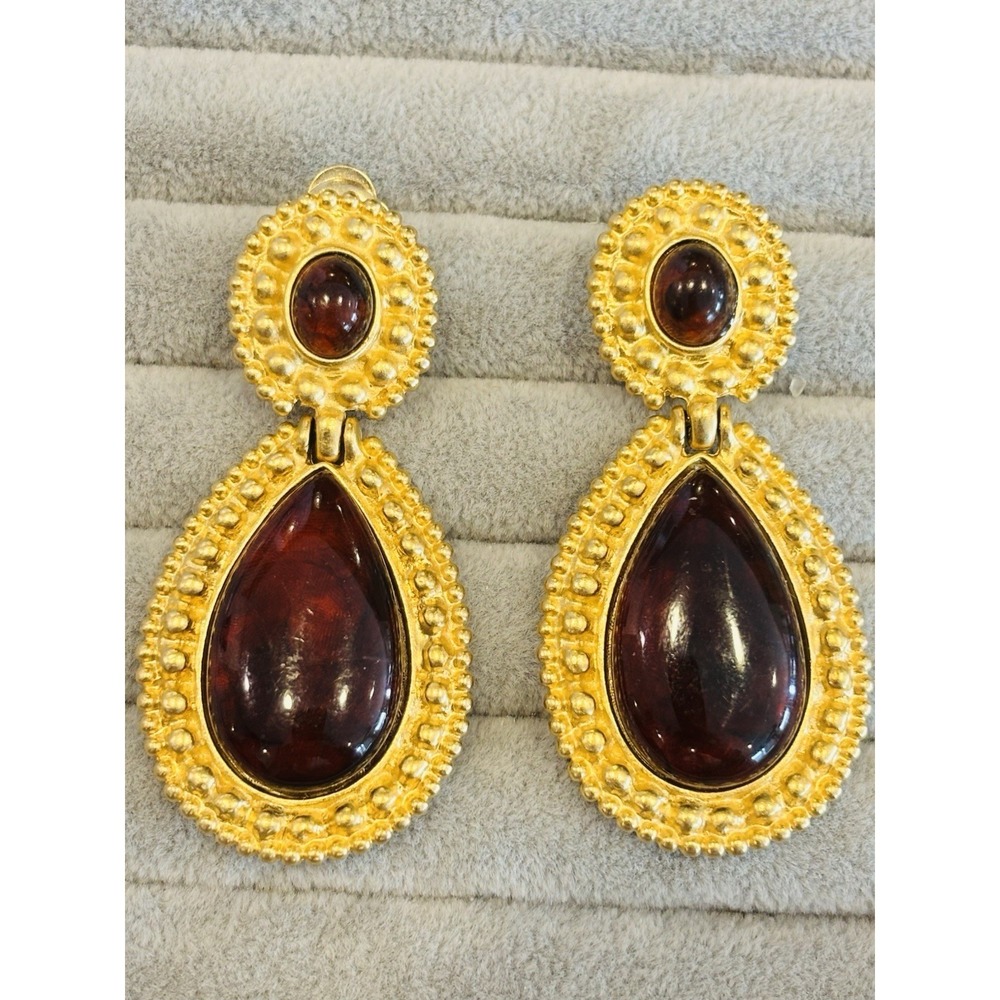 Vintage‎ Gold Tone Faux Amber Teardrop Clip On Earrings Textured